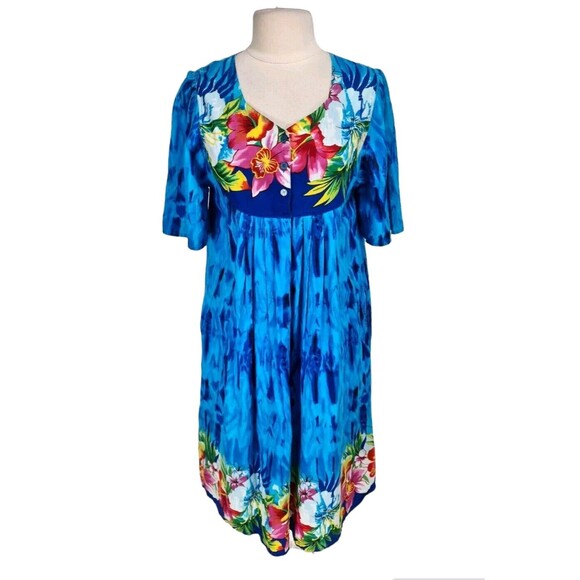 DESERT JEMS Womens Mini House Dress Size M Blue Floral 1/3 Button Up  260P - Picture 1 of 5